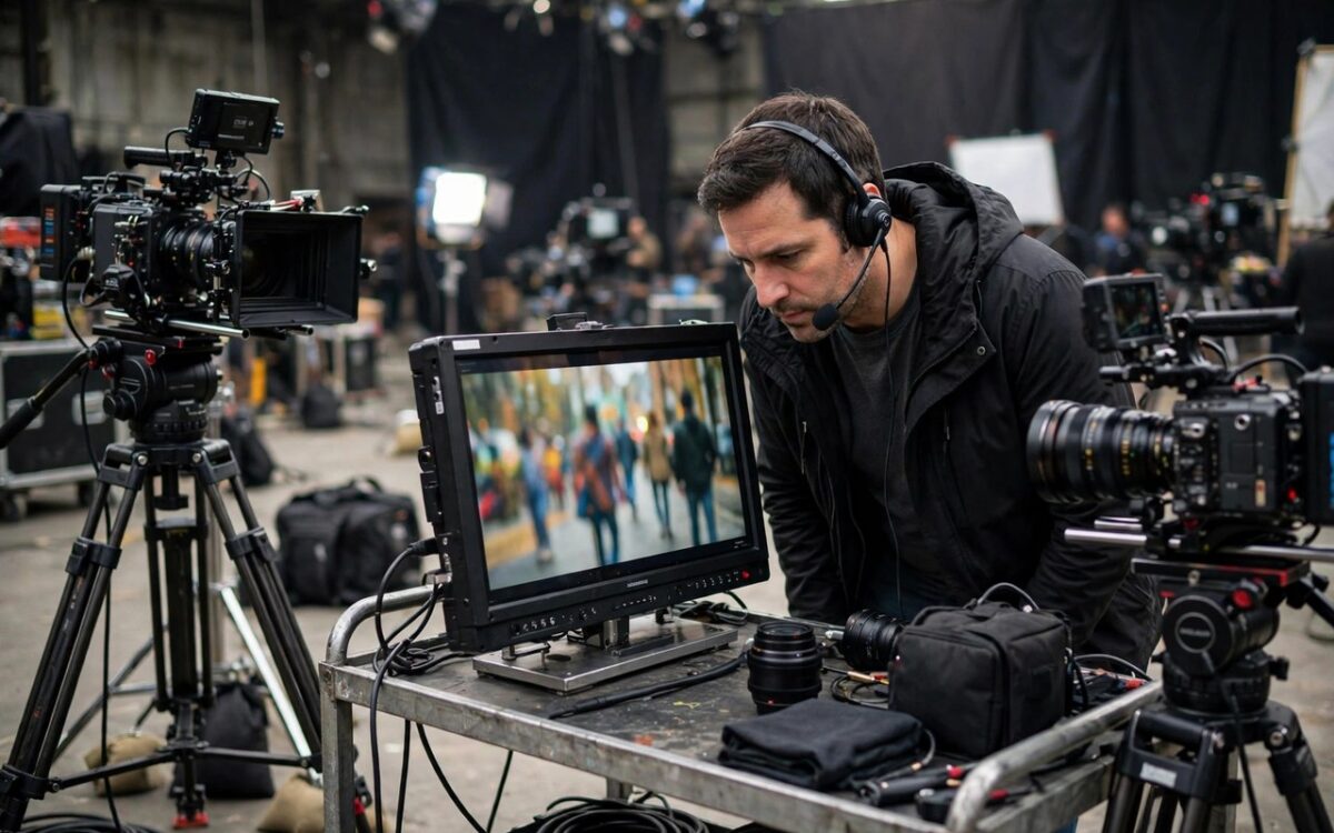 Film producer on a movie set with camera equipment