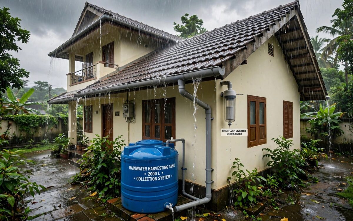 Rooftop rainwater harvesting system collecting monsoon rain on a house