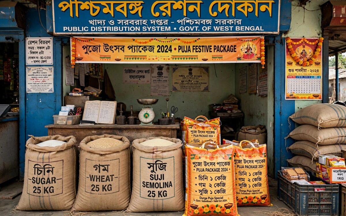 West Bengal ration shop with sacks of sugar, wheat and suji for the Puja festive package