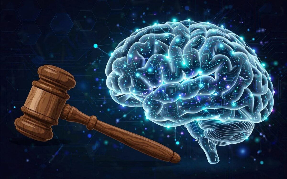 Gavel and AI neural network illustration