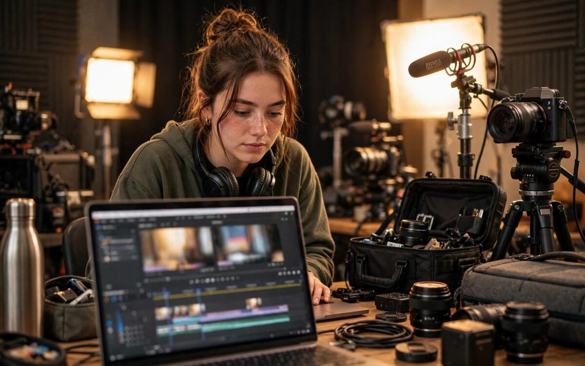 Woman filmmaker working with AI video generation tools on a computer