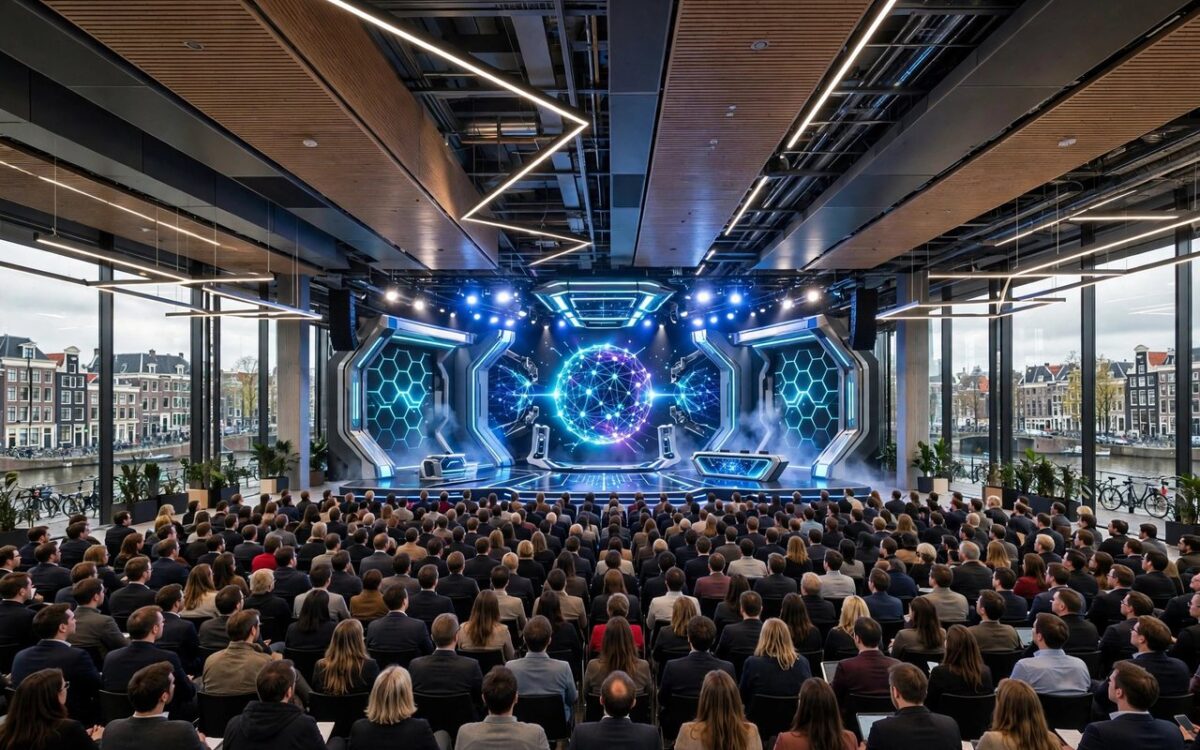 Large AI conference hall with audience