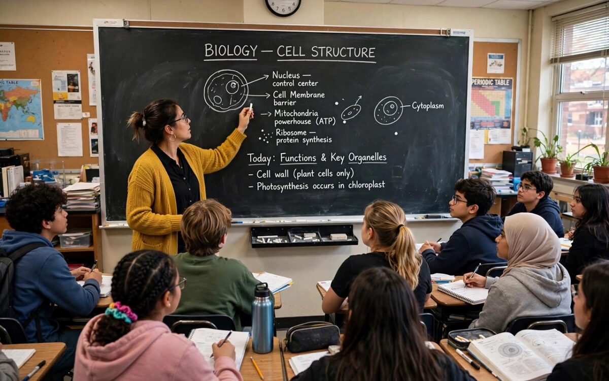 Teacher writing on a blackboard in a classroom full of students