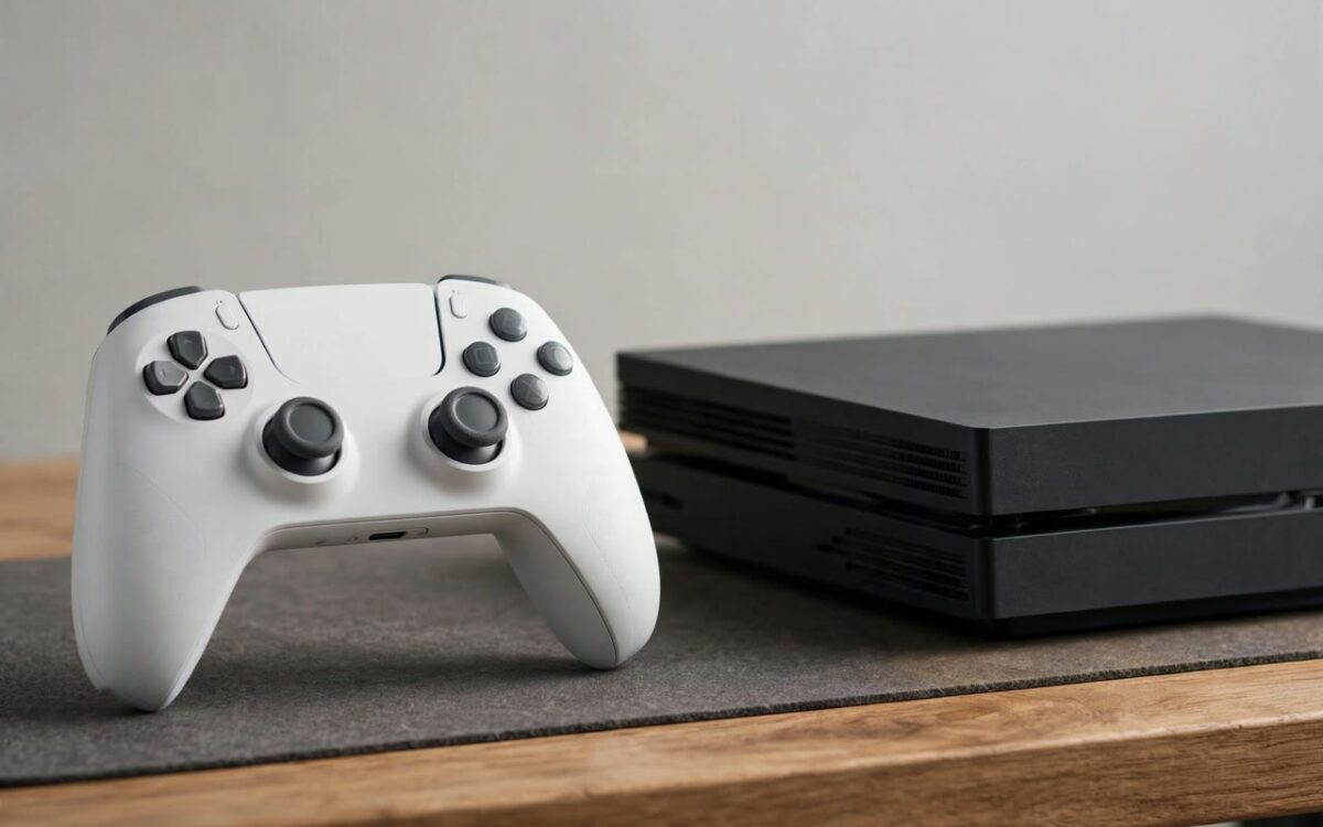 Video game controller on a desk beside a gaming console