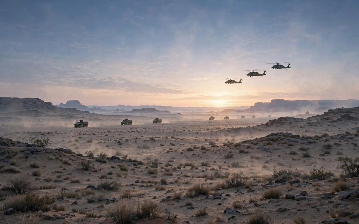 Illustration of military campaign in Yemen desert landscape