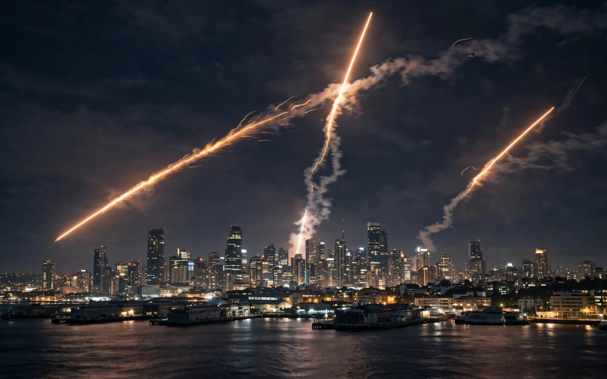 Kyiv skyline at night with air defence tracers in the sky